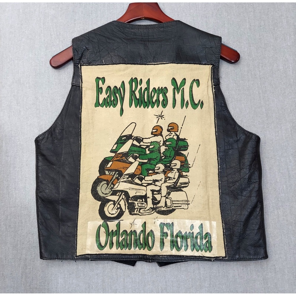 Vintage Mens 40 Leather Biker Vest Black Easy Riders MC Patch Motorcycle USA